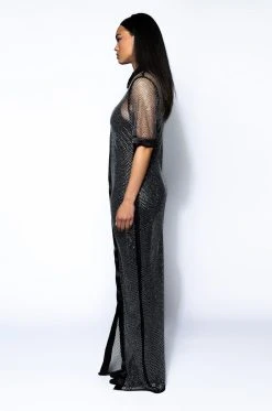ALL EYES SPARKLE RHINESTONE POLO MAXI DRESS -AKIRA Shop all eyes sparkle rhinestone polo maxi dress black 3 3