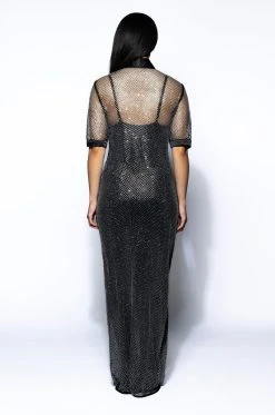 ALL EYES SPARKLE RHINESTONE POLO MAXI DRESS -AKIRA Shop all eyes sparkle rhinestone polo maxi dress black 4 4