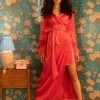 BOSS UP HONEY MAXI DRESS WITH FEATHER TRIM -AKIRA Shop boss up honey maxi dress with feather trim red 1 1
