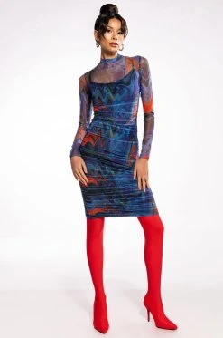 Alternative view of BREAK THE MOLD LONG SLEEVE RUCHED MESH MIDI DRESS