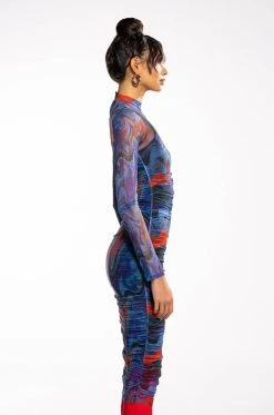BREAK THE MOLD LONG SLEEVE RUCHED MESH MIDI DRESS -AKIRA Shop break the mold long sleeve ruched mesh midi dress purple multi 4 4