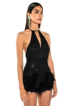 Alternative view of CAT'S MEOW SEQUIN FRINGE FEATHER TRIM ROMPER