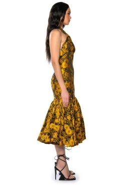CHA CHA BROCADE HALTER NECK MIDI DRESS -AKIRA Shop cha cha brocade halter neck midi dress yellow multi 3 3