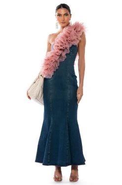 Alternative view of DINNER DATE VIBE FLARE DENIM MAXI DRESS