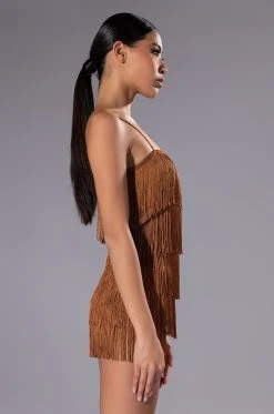 FEELING FAB FRINGE MINI ROMPER -AKIRA Shop feeling fab fringe mini romper brown 5 5