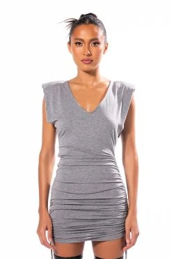GIRL NEXT DOOR RUCHED MIDI DRESS -AKIRA Shop girl next door ruched midi dress heather grey 3 3