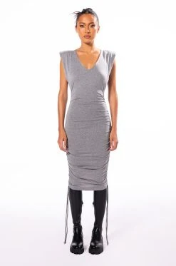 GIRL NEXT DOOR RUCHED MIDI DRESS -AKIRA Shop girl next door ruched midi dress heather grey 4 4