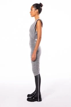 GIRL NEXT DOOR RUCHED MIDI DRESS -AKIRA Shop girl next door ruched midi dress heather grey 5 5