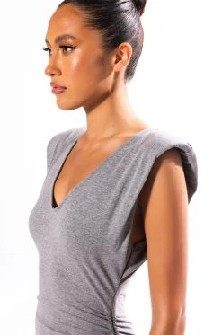 GIRL NEXT DOOR RUCHED MIDI DRESS -AKIRA Shop girl next door ruched midi dress heather grey 7 7