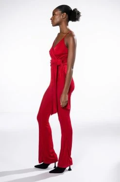 ITS ALL FOR YOU TIE FRONT SLEEVELESS JUMPSUIT -AKIRA Shop its all for you tie front sleeveless jumpsuit red 4 4