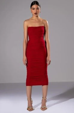 LATE NIGHTS RUCHED CORSET MIDI DRESS IN RED -AKIRA Shop late nights mini corset midi dress red 2 2