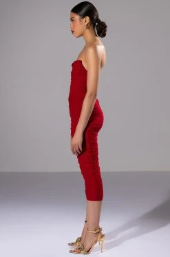 LATE NIGHTS RUCHED CORSET MIDI DRESS IN RED -AKIRA Shop late nights mini corset midi dress red 3 3