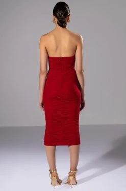 LATE NIGHTS RUCHED CORSET MIDI DRESS IN RED -AKIRA Shop late nights mini corset midi dress red 4 4
