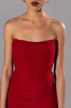 LATE NIGHTS RUCHED CORSET MIDI DRESS IN RED -AKIRA Shop late nights mini corset midi dress red 5 5