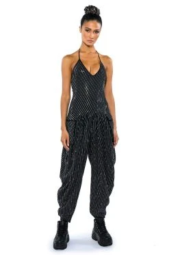 LONDON RHINESTONE STRIPE RELAXED FIT HALTER NECK JUMPSUIT -AKIRA Shop london rhinestone stripe relaxed fit halter neck jumpsuit black 5 5