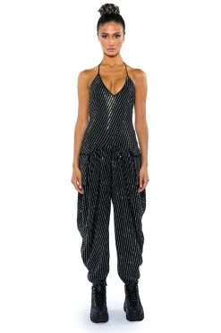 LONDON RHINESTONE STRIPE RELAXED FIT HALTER NECK JUMPSUIT -AKIRA Shop london rhinestone stripe relaxed fit halter neck jumpsuit black 6 6