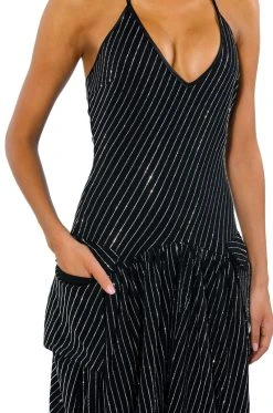 LONDON RHINESTONE STRIPE RELAXED FIT HALTER NECK JUMPSUIT -AKIRA Shop london rhinestone stripe relaxed fit halter neck jumpsuit black 9 9