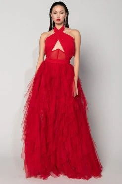 LOVE IN A HOPELESS PLACE TULLE RUFFLE DETAIL HALTER MAXI DRESS
