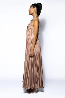 MAKE ME SWAY PLEATED HALTER MAXI DRESS -AKIRA Shop make me sway pleated halter maxi dress mocha 4 4