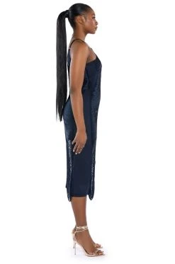 NADINE LOW BACK FRINGE MIDI DRESS -AKIRA Shop nadine low back fringe midi dress navy 4 4 c1