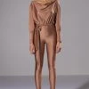 STAR STRETCH TIE FRONT JUMPSUIT -AKIRA Shop no concerns tie front jumpsuit taupe 1 1