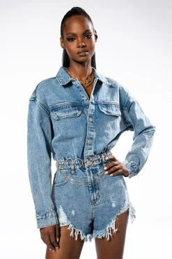 ON A ROLL DENIM LONG SLEEVE ROMPER