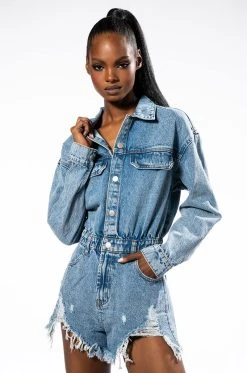 Alternative view of ON A ROLL DENIM LONG SLEEVE ROMPER