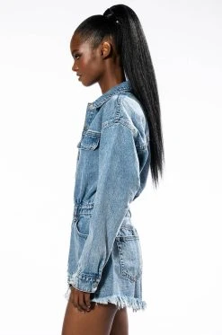 ON A ROLL DENIM LONG SLEEVE ROMPER -AKIRA Shop on a roll denim long sleeve romper medium blue denim 6 6