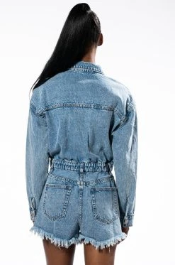 ON A ROLL DENIM LONG SLEEVE ROMPER -AKIRA Shop on a roll denim long sleeve romper medium blue denim 7 7