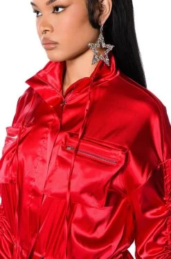 ON THE ROAD SATIN UTILITY MINI DRESS -AKIRA Shop on the road satin utility mini dress red 7 7