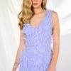 RENDEZVOUS SLEEVELESS FEATHER MINI DRESS IN PURPLE -AKIRA Shop rendezvous sleeveless feather mini dress in purple light purple 1 1