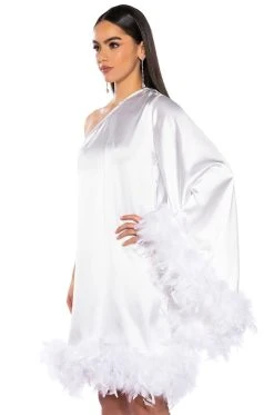 Alternative view of SHES ALL THAT ONE SLEEVE FEATHER MINI DRESS IN WHITE