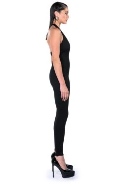SHES SLEEK DOUBLE LAYER HALTER CATSUIT -AKIRA Shop shes sleek double layer halter catsuit black 14 14