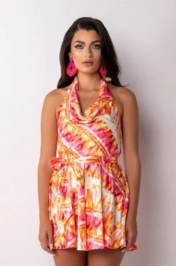 SUMMER TIME FINE COWL NECK HALTER TOP ROMPER -AKIRA Shop summer time fine cowl neck halter top romper pink multi 3 3