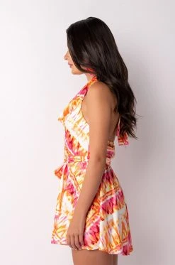 SUMMER TIME FINE COWL NECK HALTER TOP ROMPER -AKIRA Shop summer time fine cowl neck halter top romper pink multi 4 4