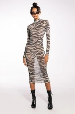 Alternative view of SWIRL PRINT MESH LONG SLEEVE MIDI DRESS