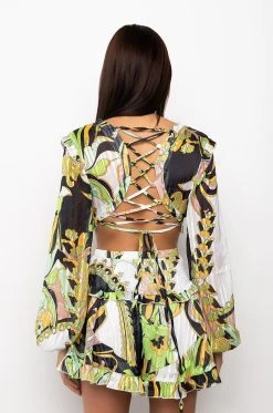 TOO GOOD TO YA ROMPER WITH CUT OUTS -AKIRA Shop too good to ya romper with cut outs green multi 6 6