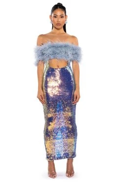 Alternative view of TOP TIER FEATHER DETAIL SEQUIN MAXI DRESS