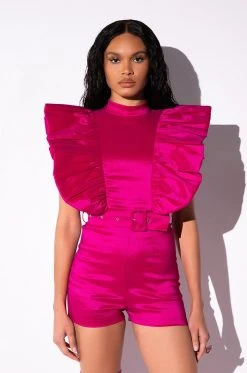 VALENTINA TAFFETA RUFFLE SLEEVE ROMPER -AKIRA Shop valentina taffeta ruffle sleeve romper pink 4 4